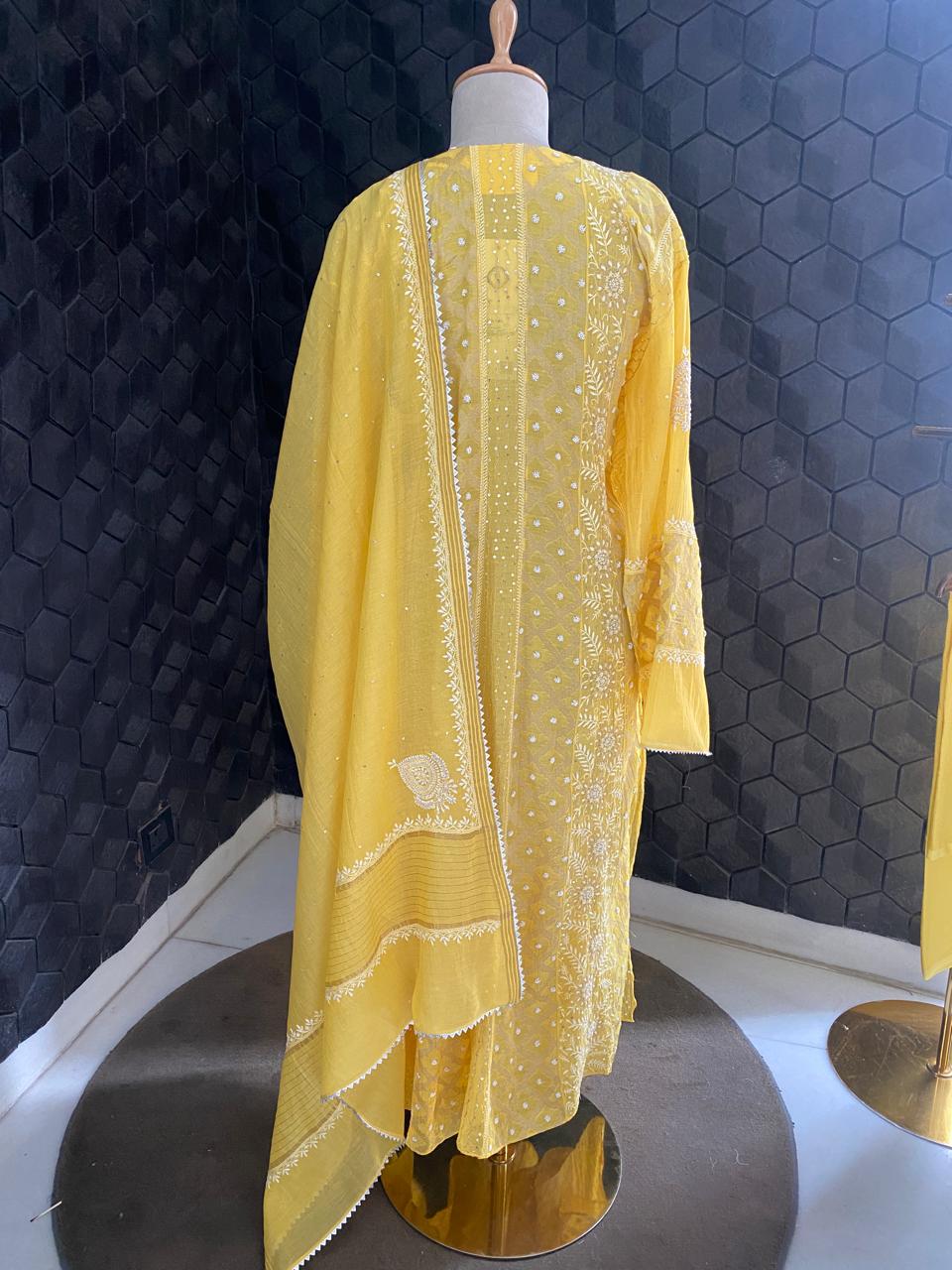 yellow Mul chanderi zari Box kasab anarkali suit