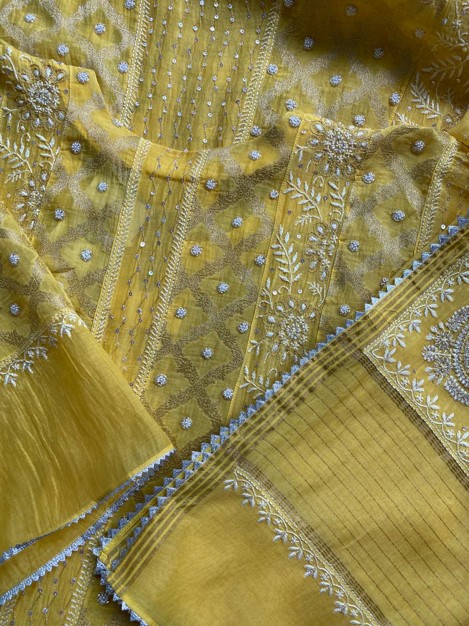 yellow Mul chanderi zari Box kasab anarkali suit