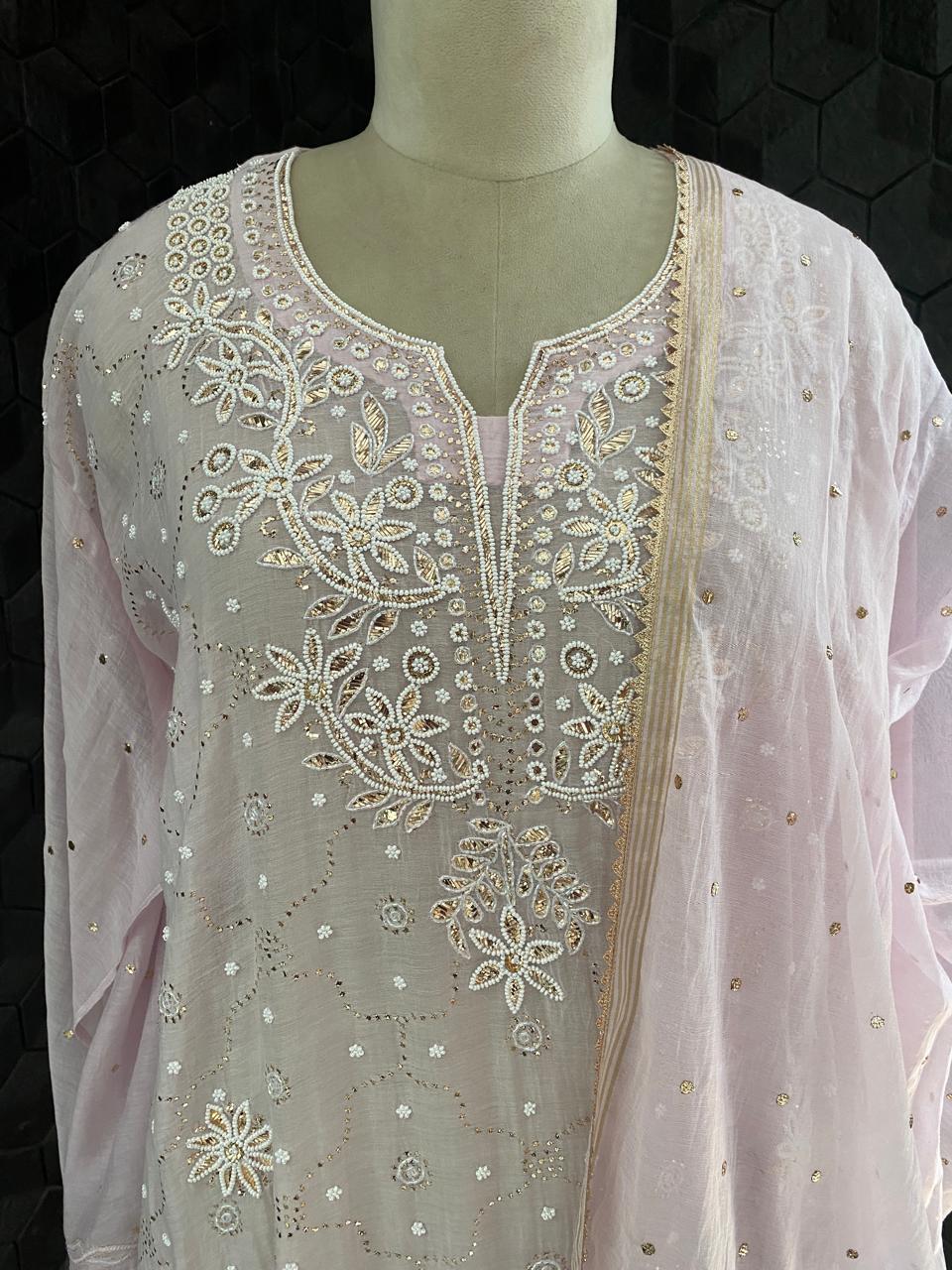 Lilac Mul Chanderi kaamdani kurta set
