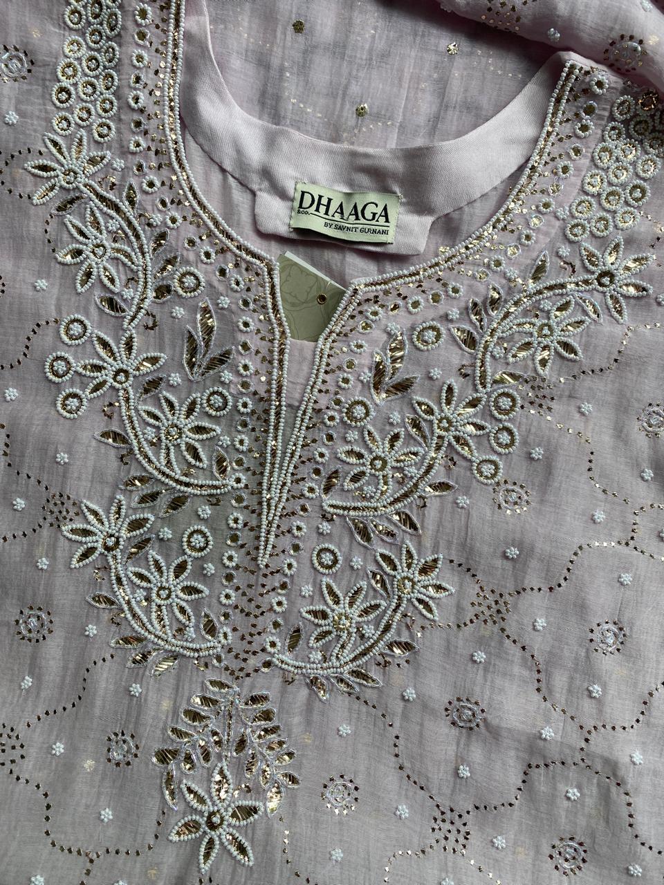 Lilac Mul Chanderi kaamdani kurta set