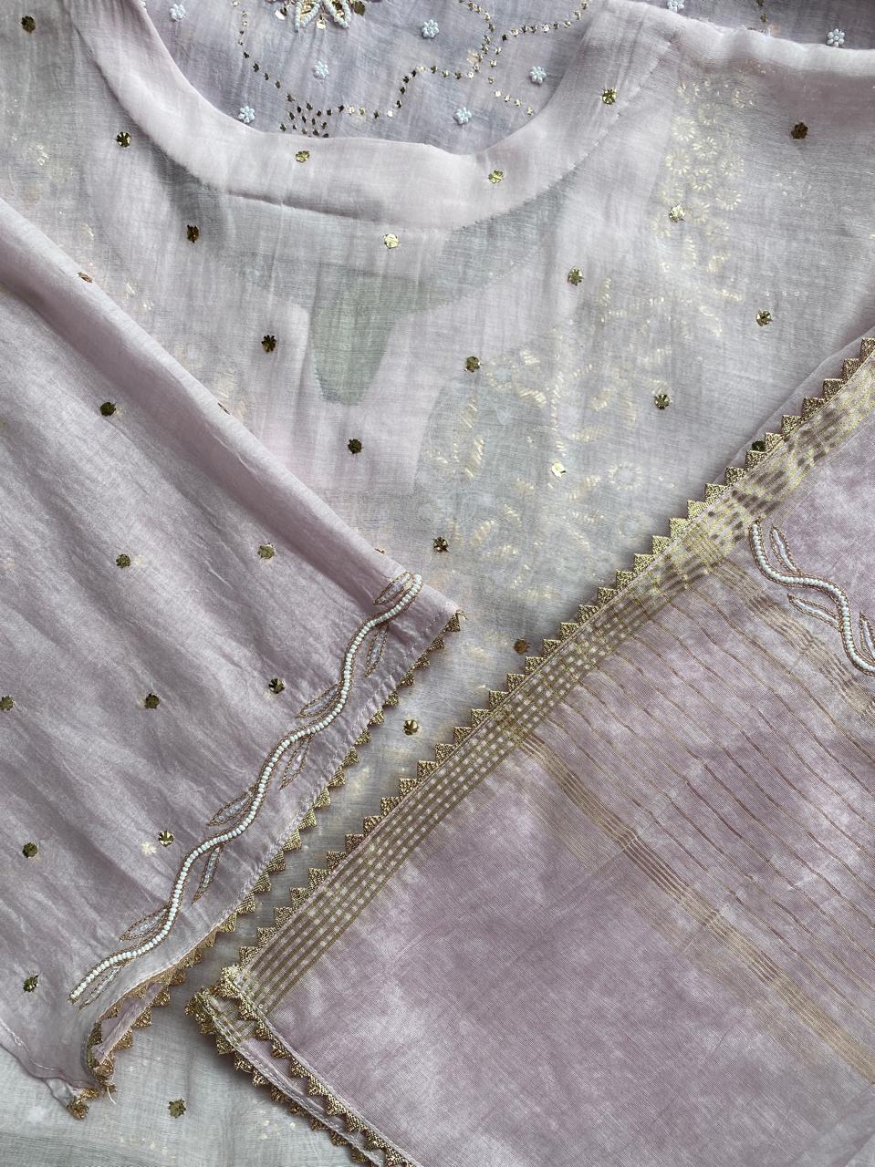 Lilac Mul Chanderi kaamdani kurta set