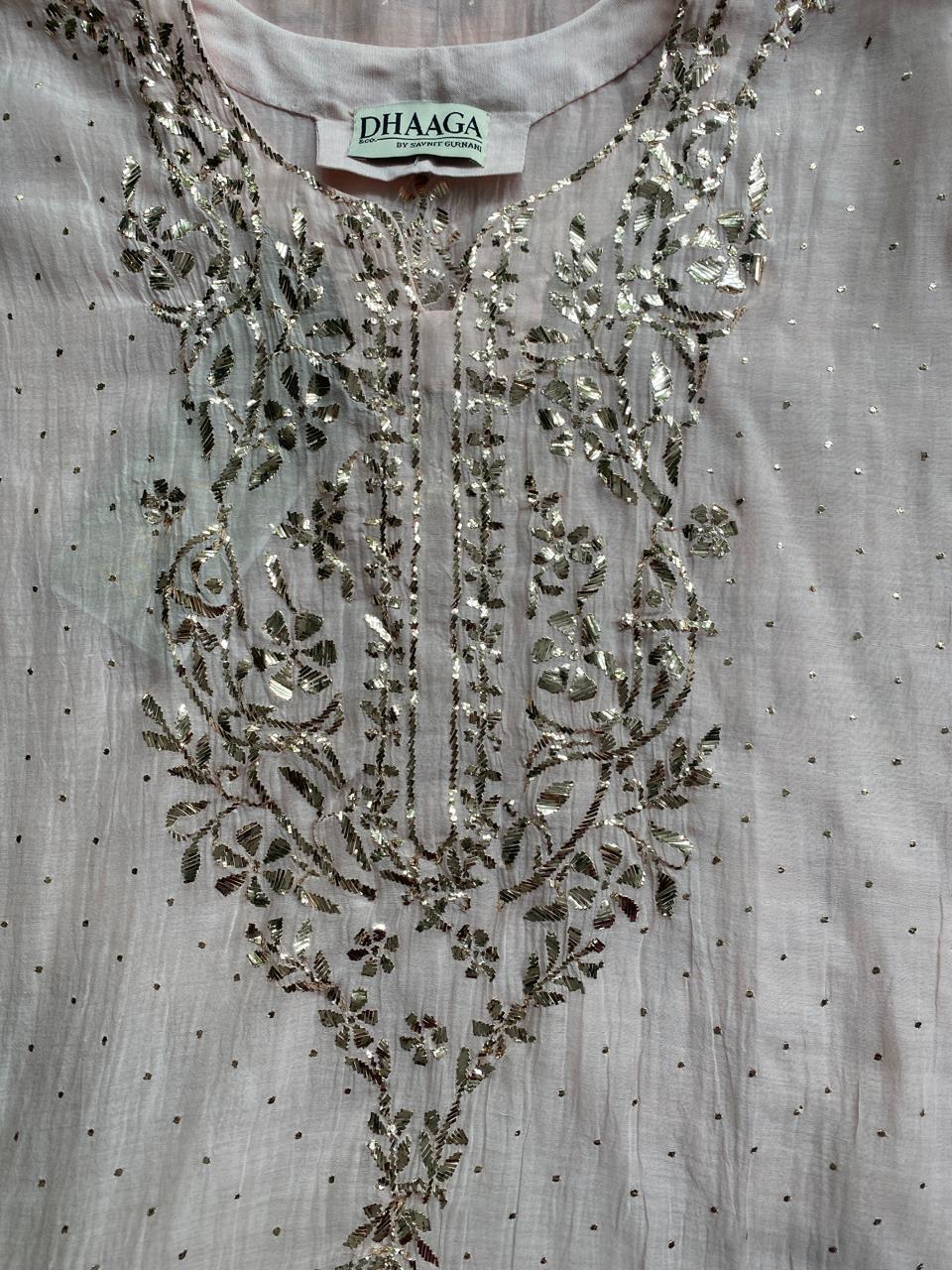pink mul chanderi kaamdani kurta set