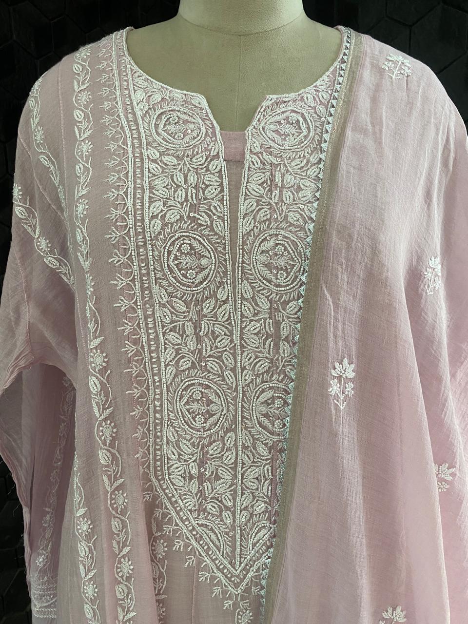 Lilac silver tissue chikankari anarkali kurta set