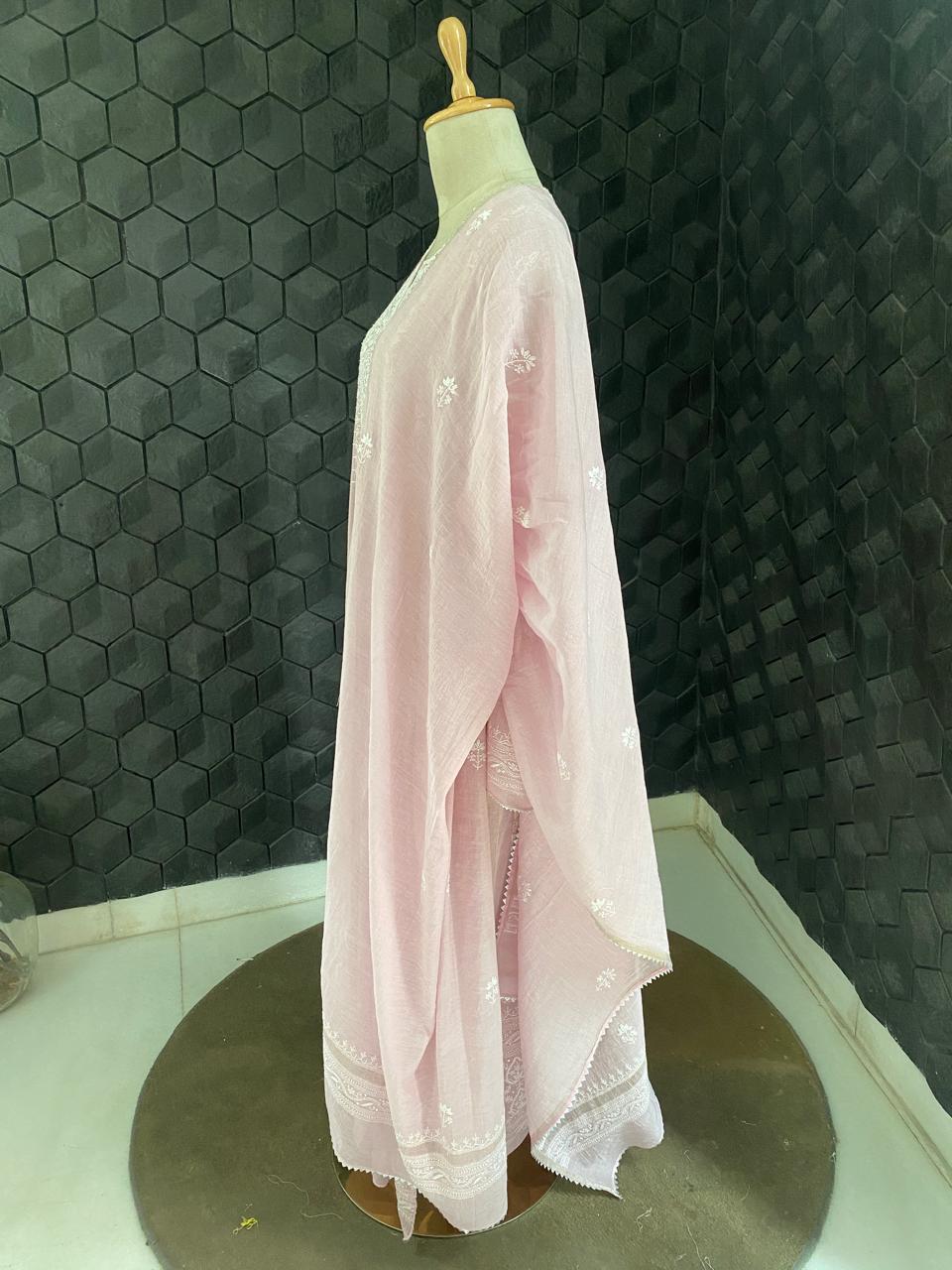 Lilac silver tissue chikankari anarkali kurta set