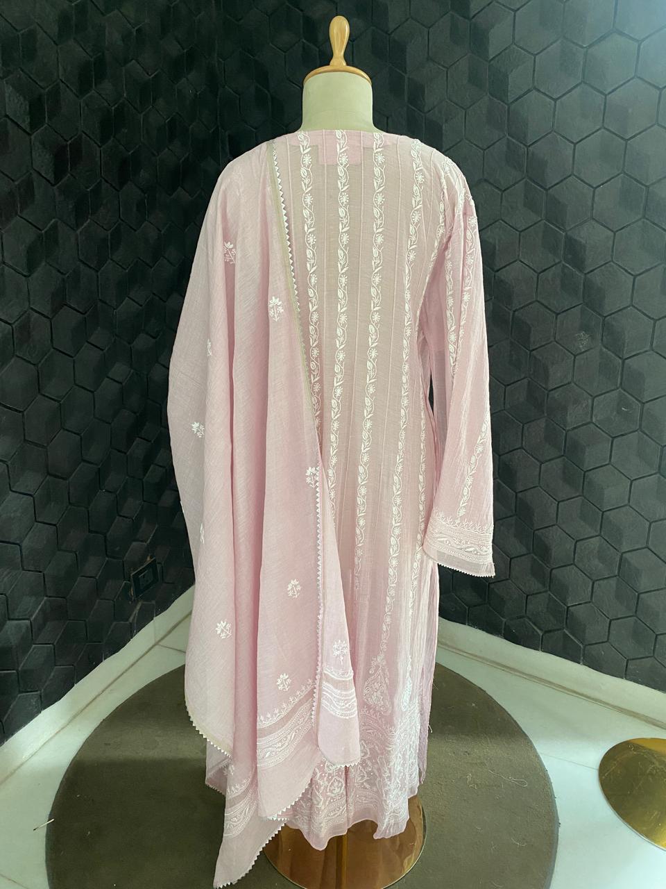 Lilac silver tissue chikankari anarkali kurta set