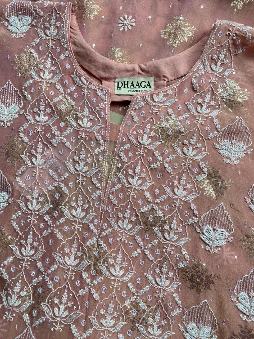 Pink shimmer organza chikankari kurta set