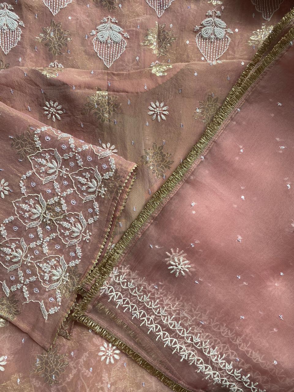 Pink shimmer organza chikankari kurta set
