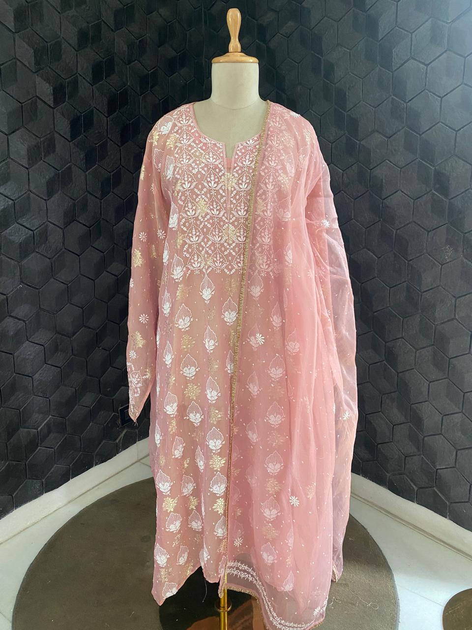 Pink shimmer organza chikankari kurta set