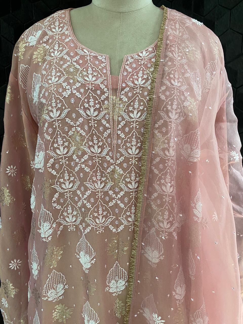 Pink shimmer organza chikankari kurta set