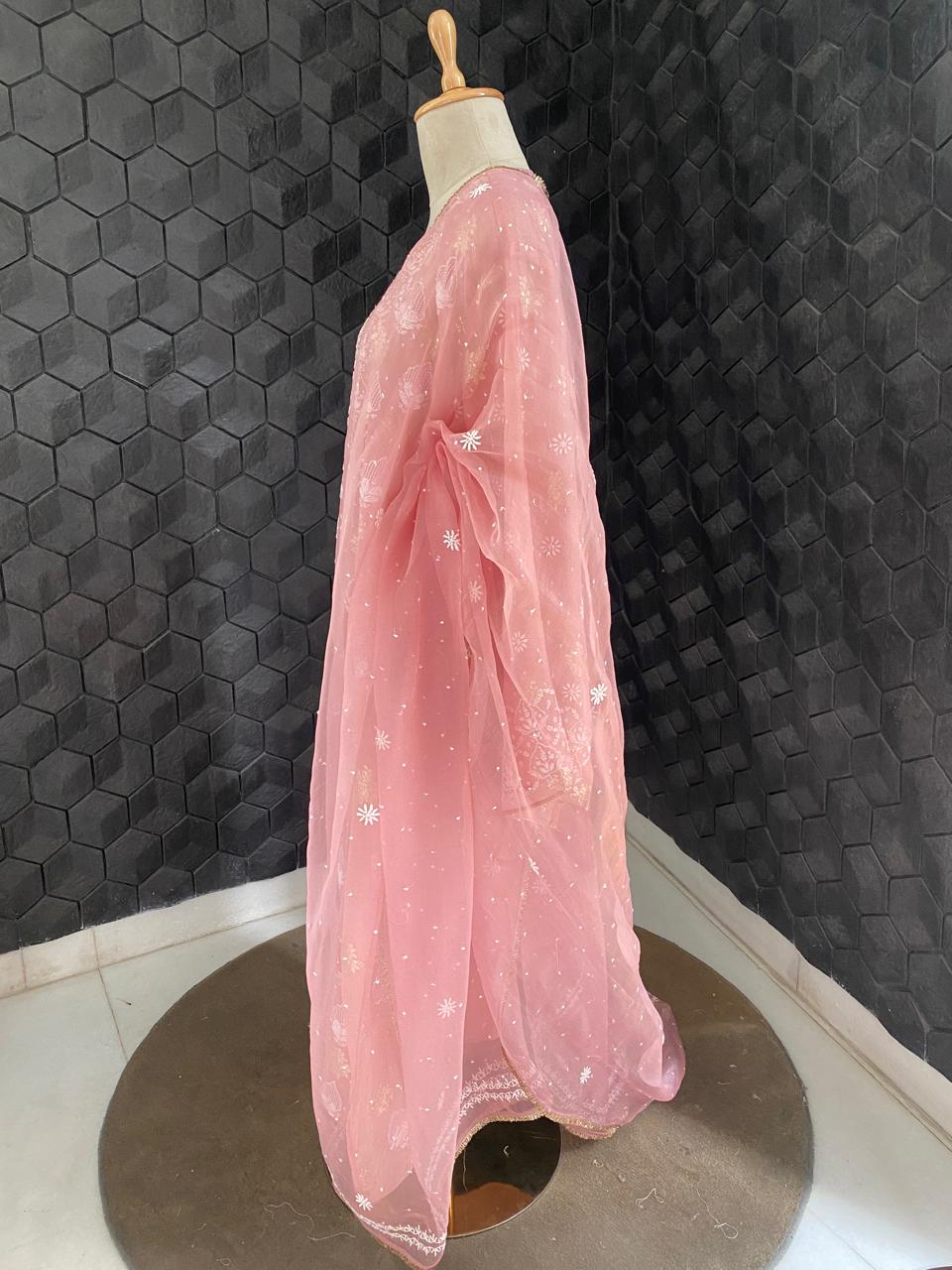 Pink shimmer organza chikankari kurta set