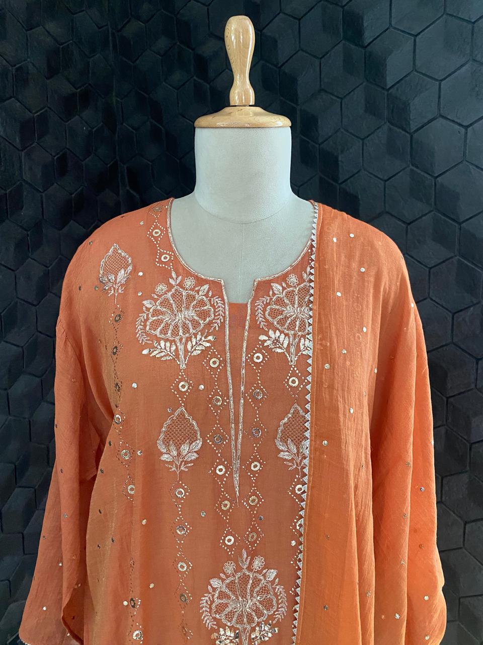 Burnt Orange Golden Tissue chikankari kurta set