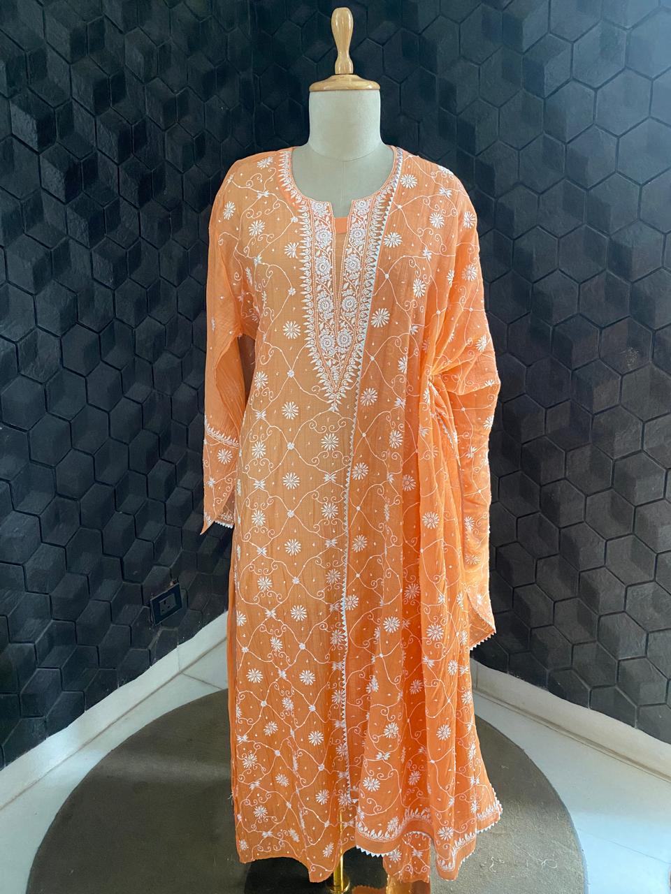 Rust Orange Mul Chanderi chikankari kurta set