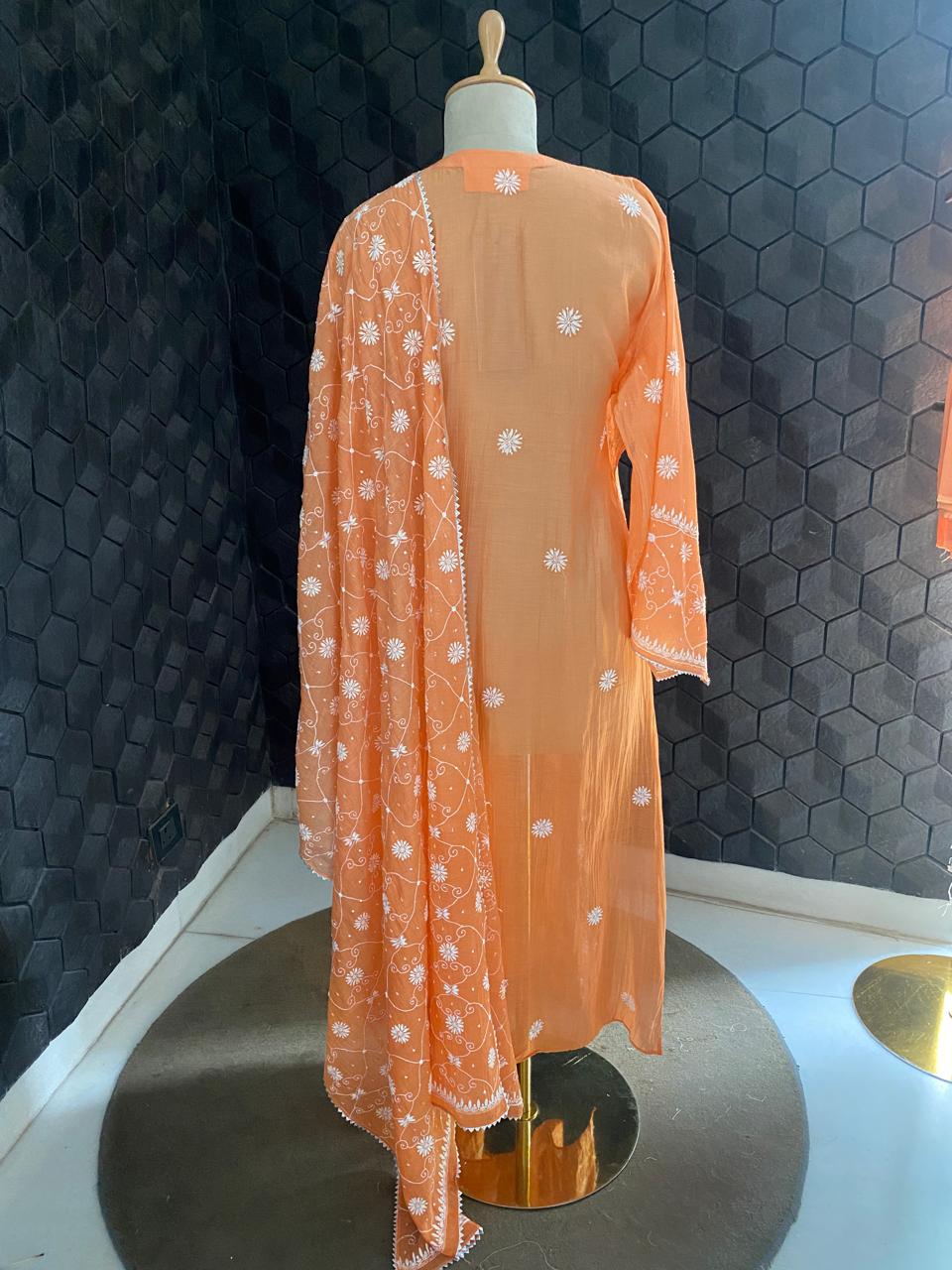 Rust Orange Mul Chanderi chikankari kurta set