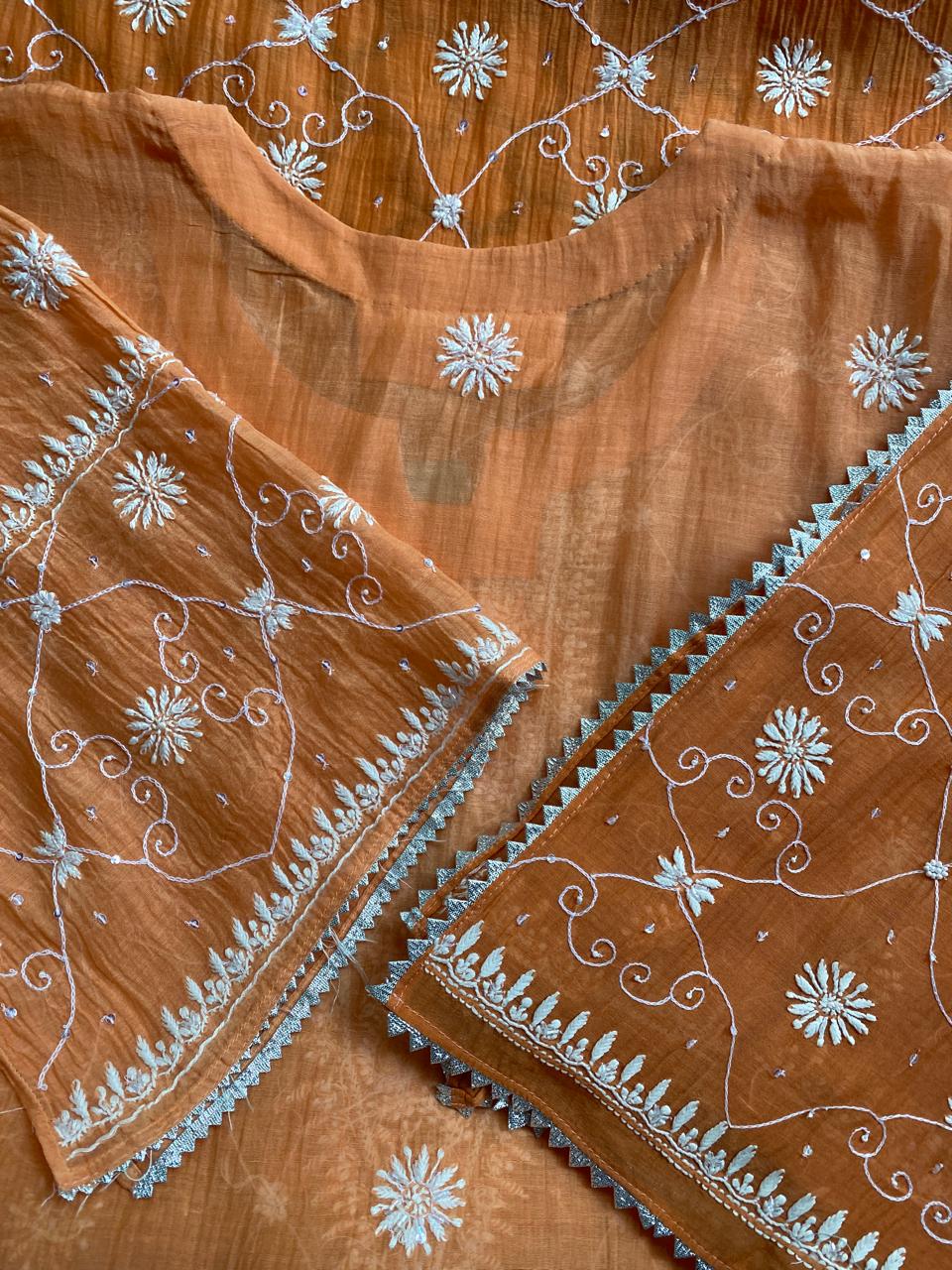Rust Orange Mul Chanderi chikankari kurta set
