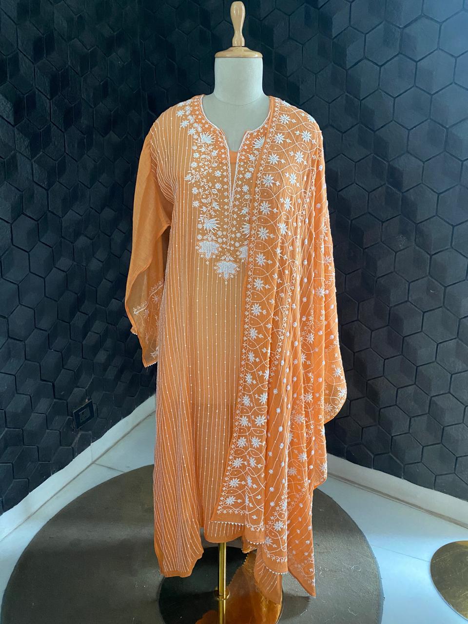 orange Mul Chanderi Chikankari Kurta Set