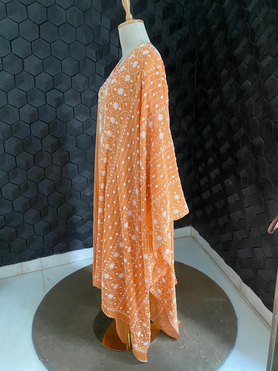 orange Mul Chanderi Chikankari Kurta Set