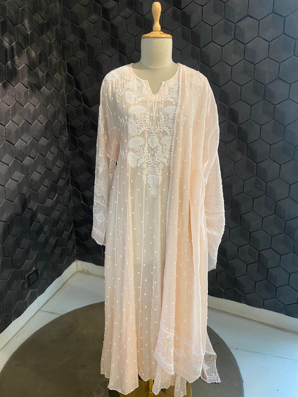 Peach Mul chanderi Anarkali Kurta Set