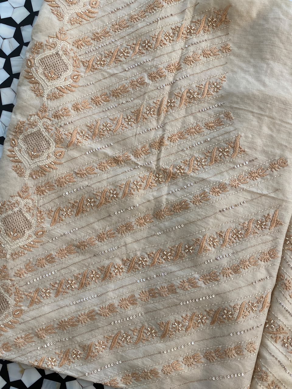 Beige Moonga slik chikankari men's sadri