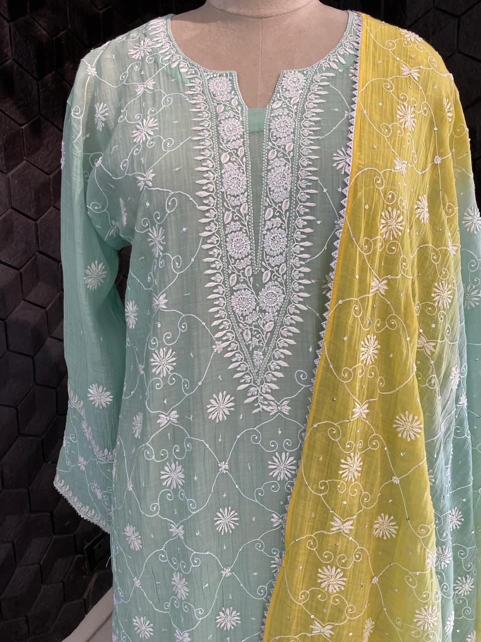 Sea Green Mul Chanderi all over jaal kurta set