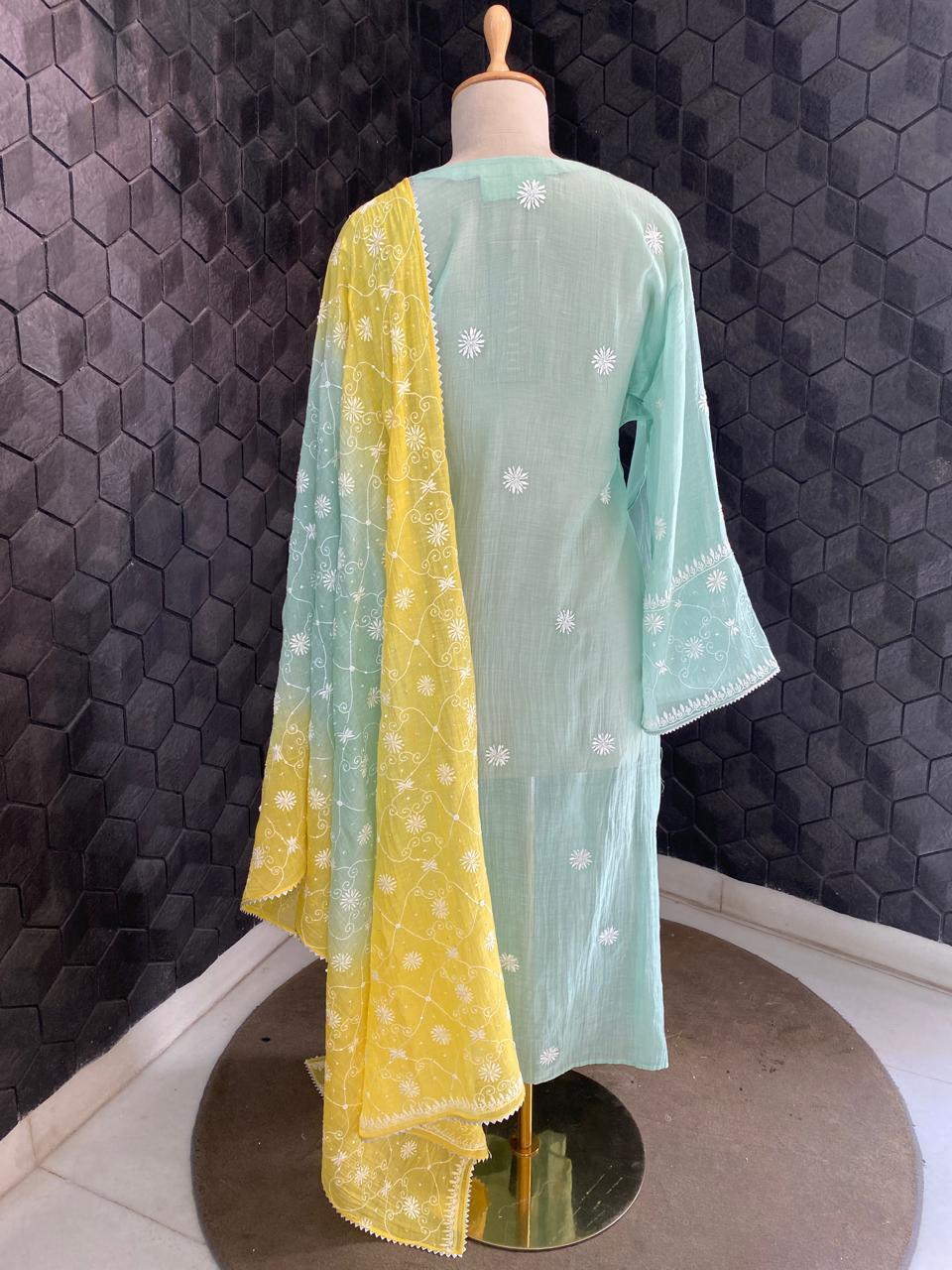 Sea Green Mul Chanderi all over jaal kurta set