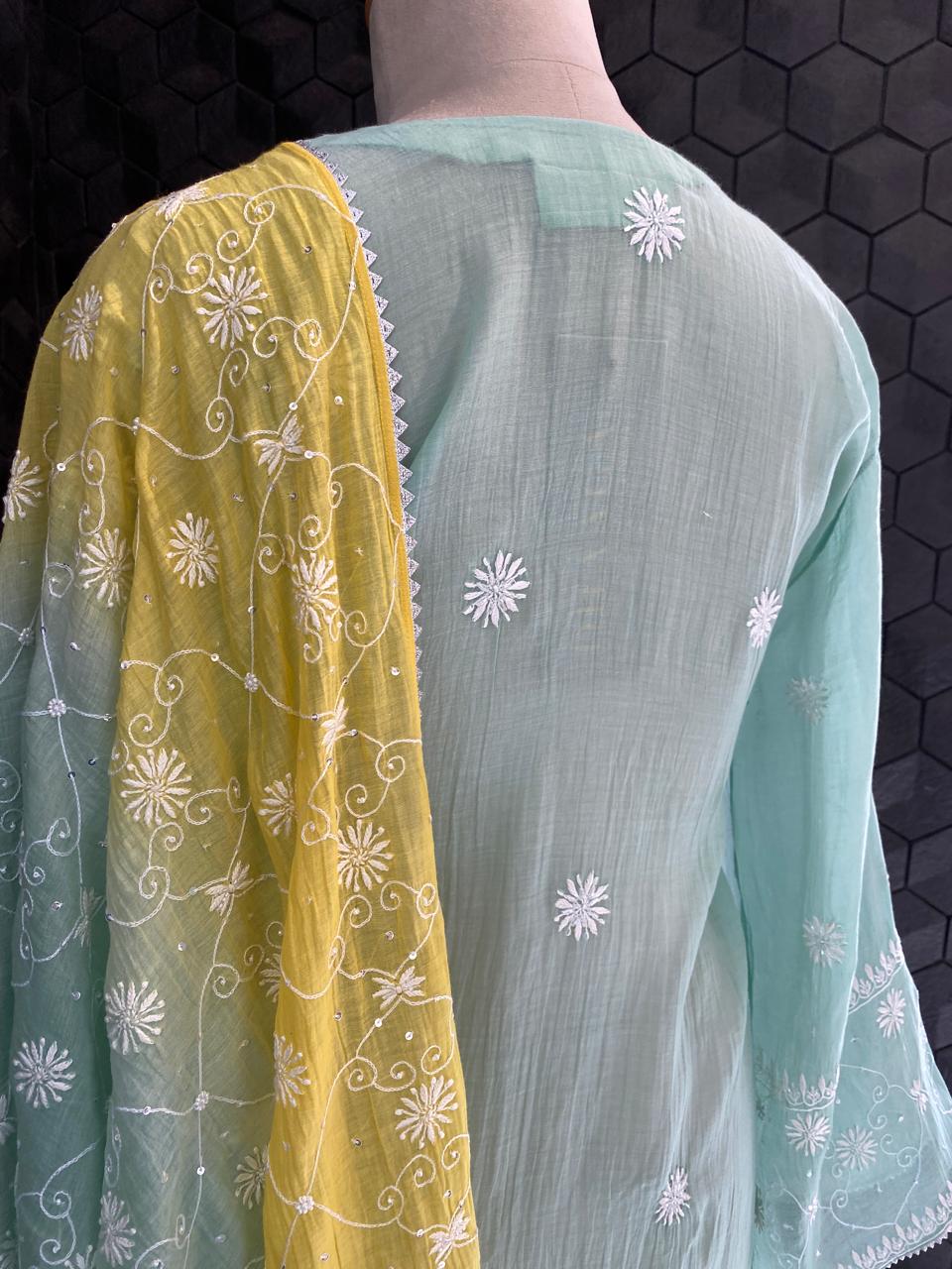 Sea Green Mul Chanderi all over jaal kurta set