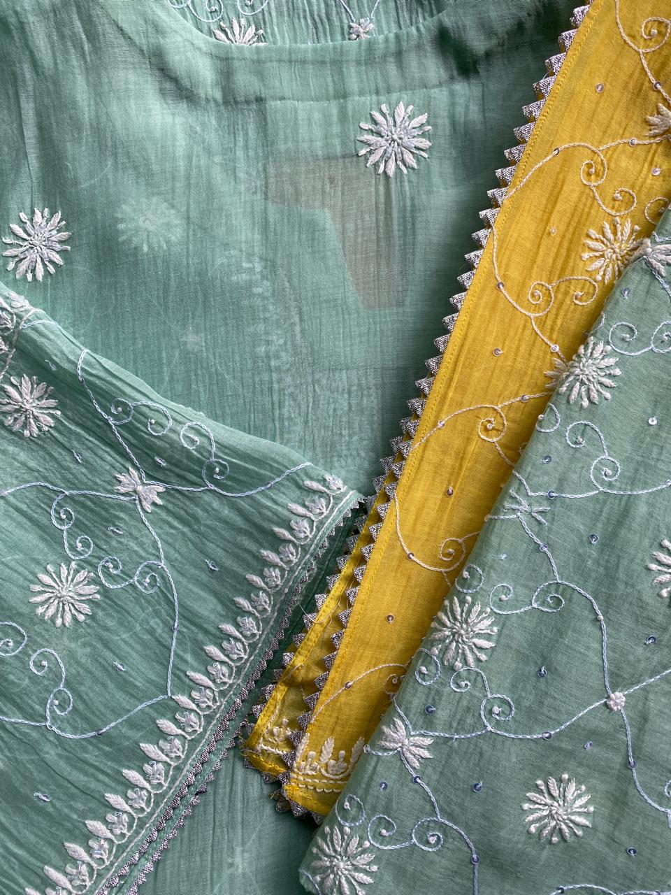 Sea Green Mul Chanderi all over jaal kurta set