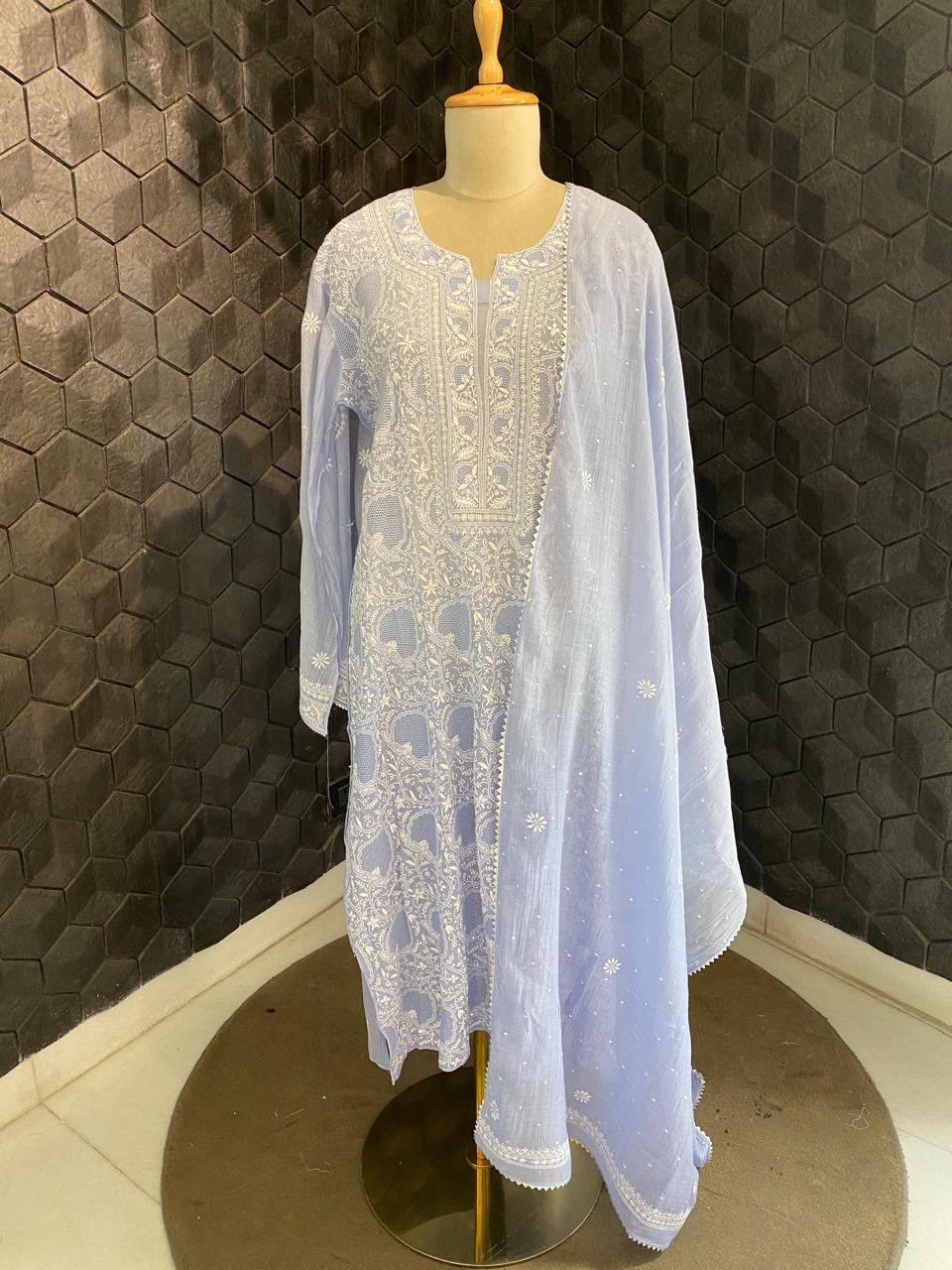blue mul chanderi front jaali kurta set