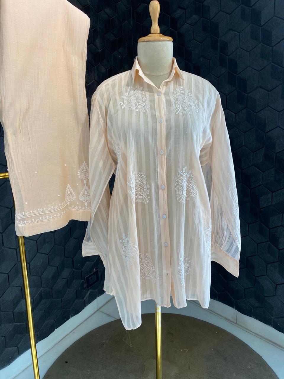 Peach striped Mul Chanderi Chikankari Co-ord set