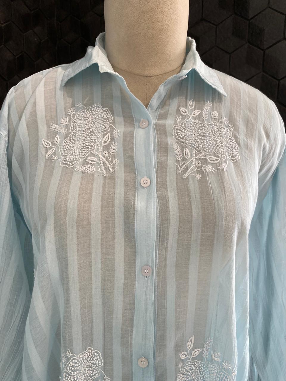 Sky Blue striped Mul Chanderi Chikankari Co-ord set