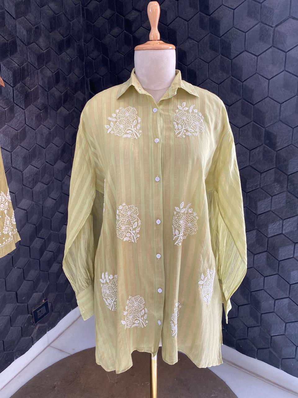 Pista green striped Mul Chanderi Chikankari Co-ord set