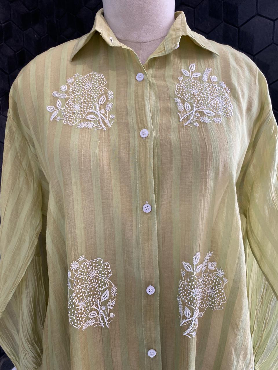 Pista green striped Mul Chanderi Chikankari Co-ord set