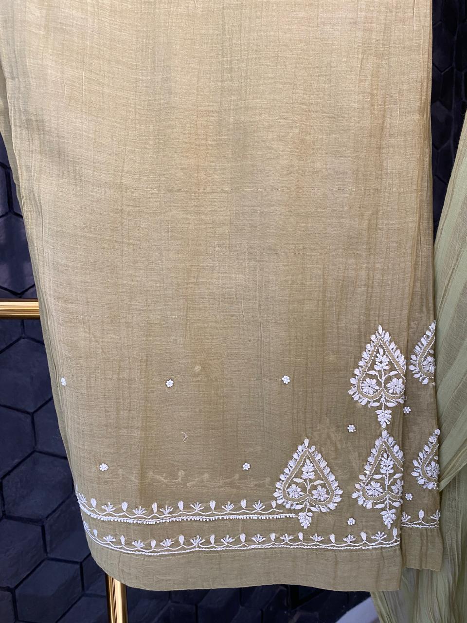 Pista green striped Mul Chanderi Chikankari Co-ord set