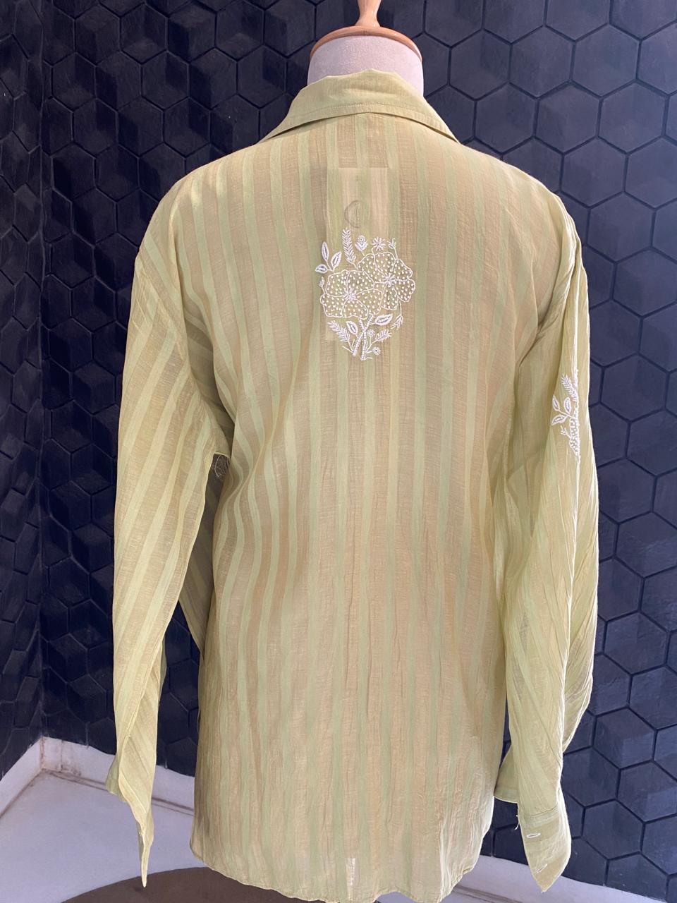 Pista green striped Mul Chanderi Chikankari Co-ord set