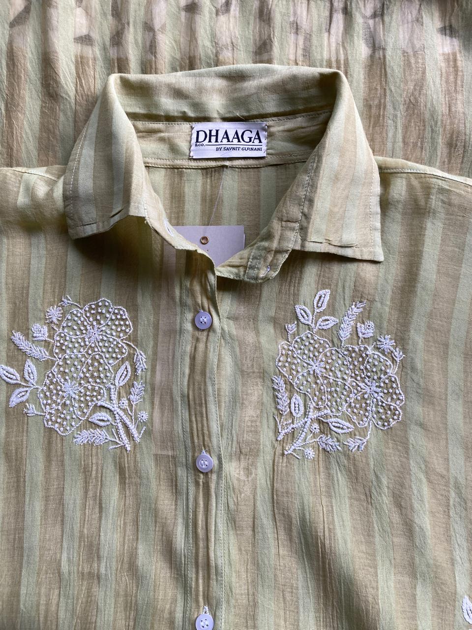 Pista green striped Mul Chanderi Chikankari Co-ord set