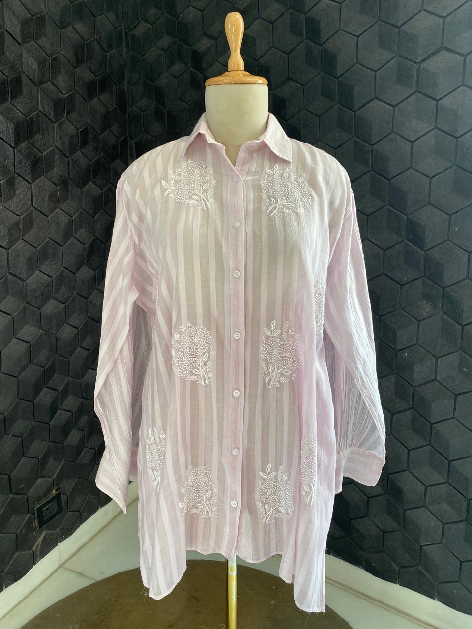 Lilac striped Mul Chanderi Chikankari Co-ord set