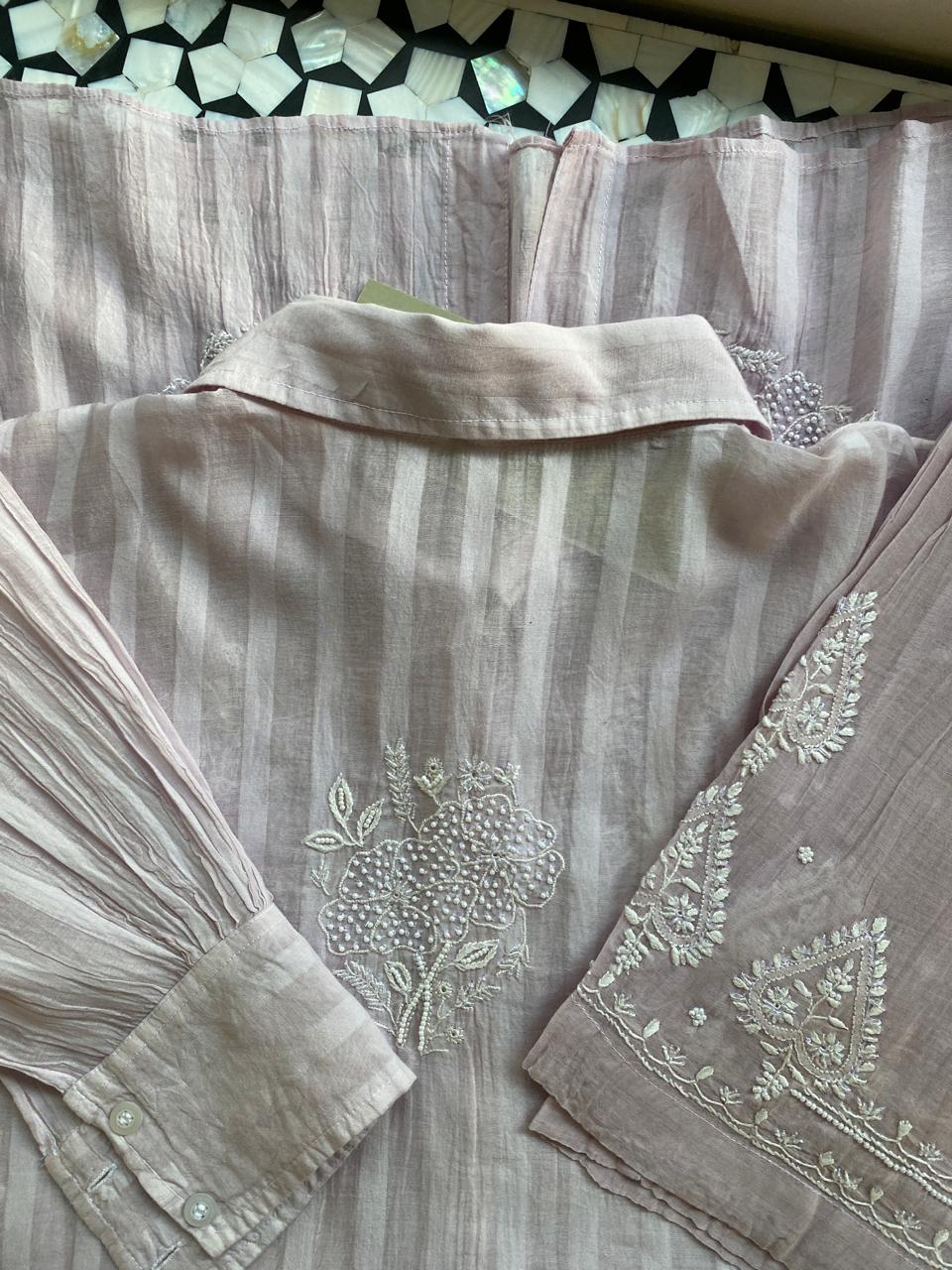 Lilac striped Mul Chanderi Chikankari Co-ord set