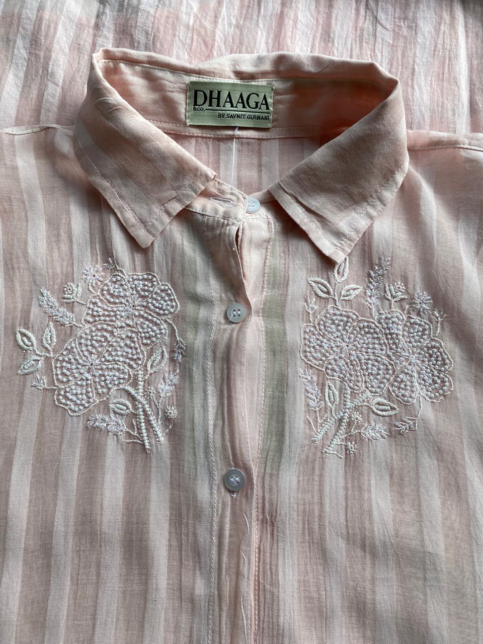 Pink striped Mul Chanderi Chikankari Co-ord set