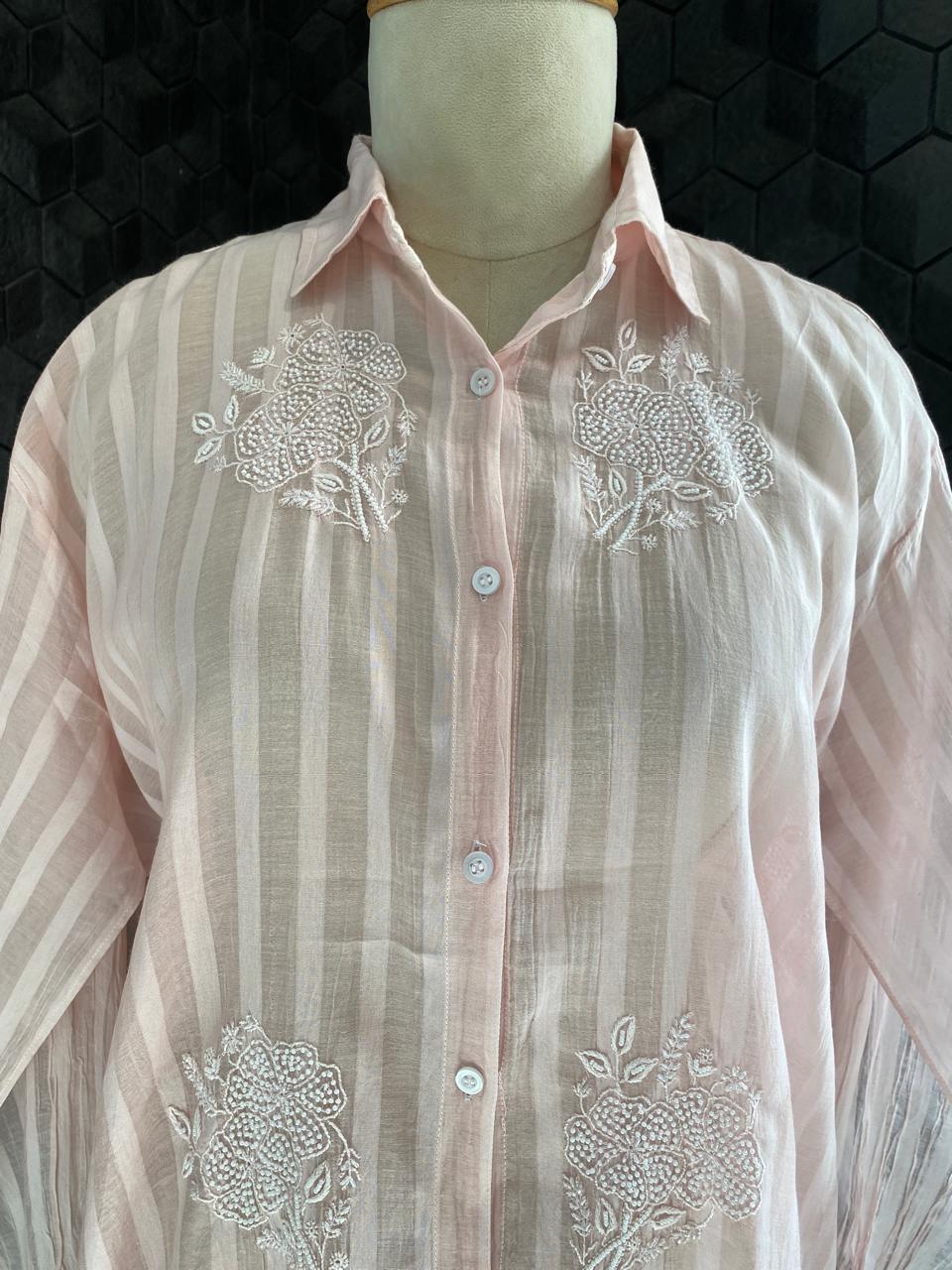 Pink striped Mul Chanderi Chikankari Co-ord set