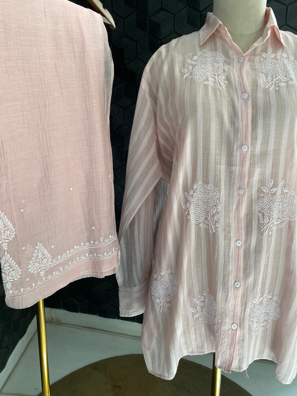 Pink striped Mul Chanderi Chikankari Co-ord set