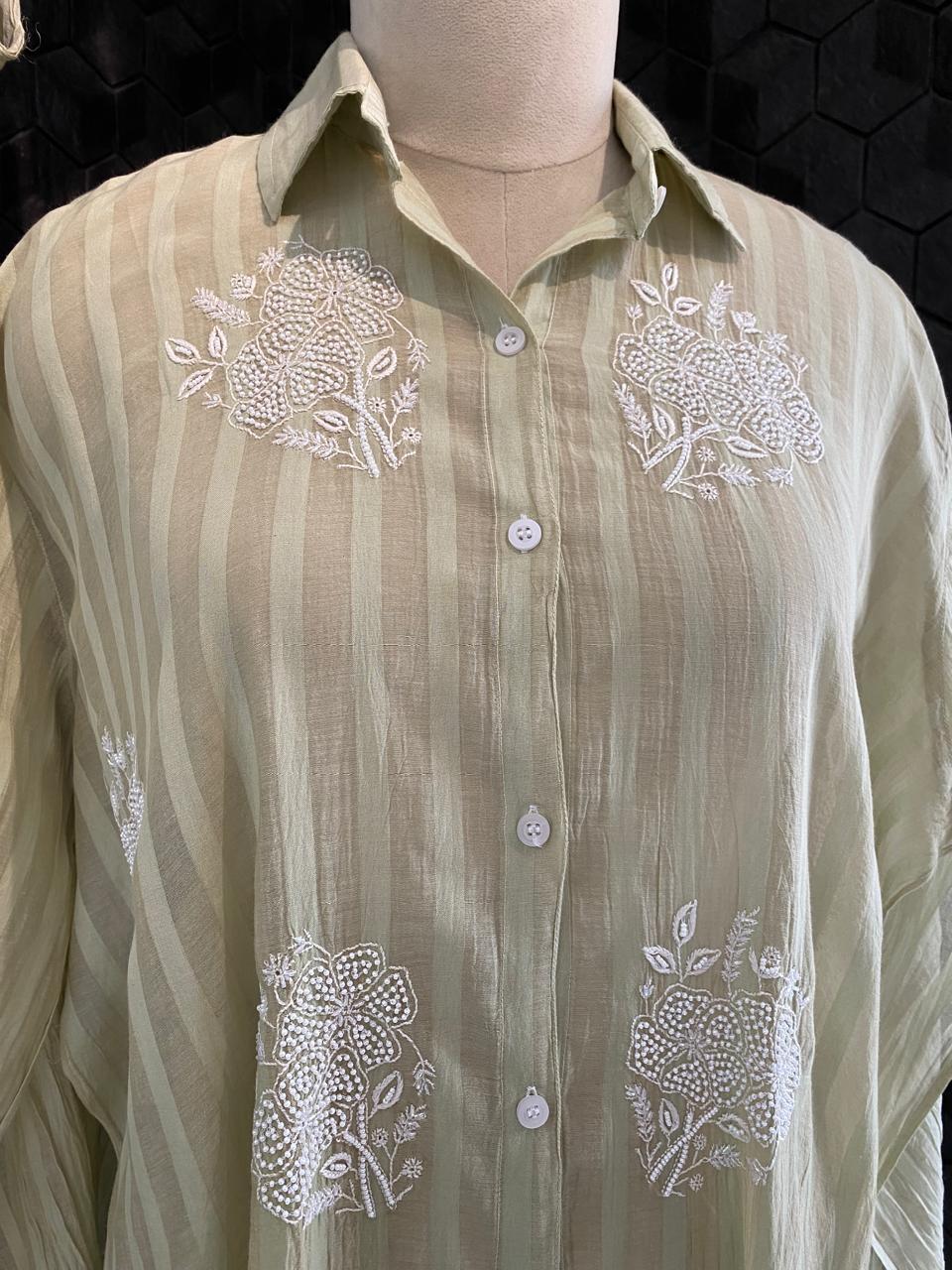 Dusty green striped Mul Chanderi Chikankari Co-ord set