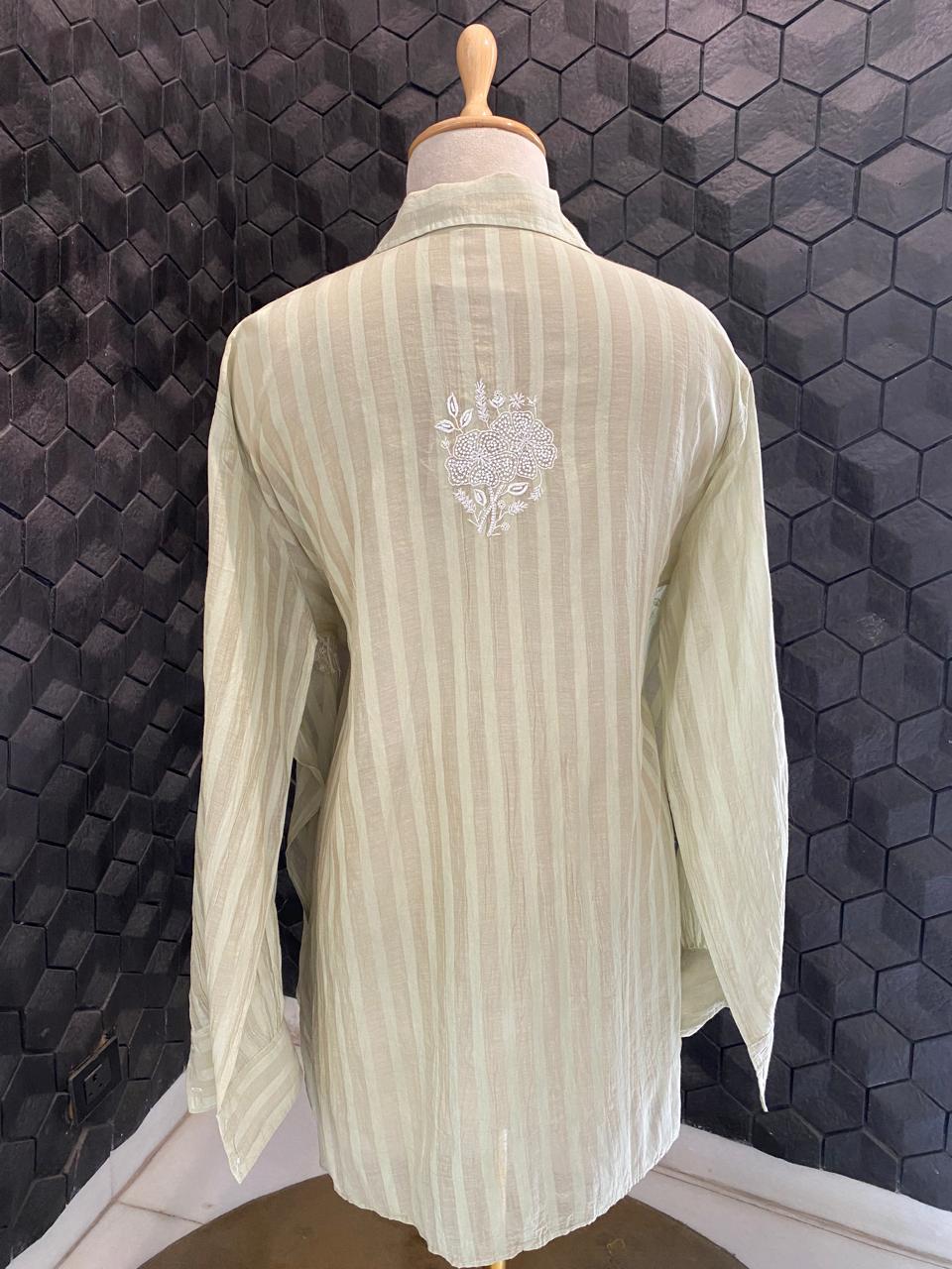 Dusty green striped Mul Chanderi Chikankari Co-ord set