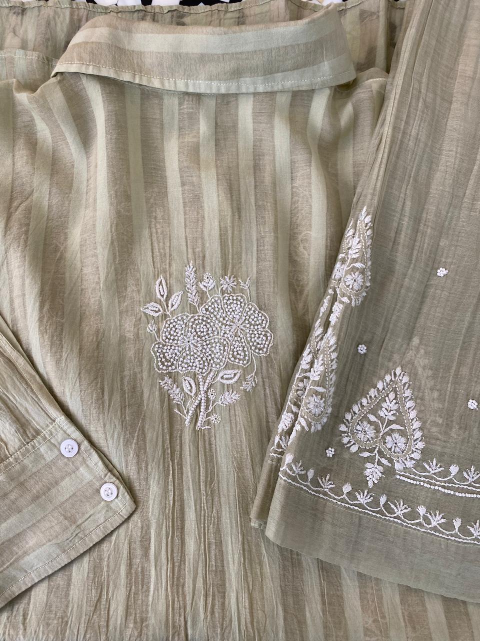 Dusty green striped Mul Chanderi Chikankari Co-ord set