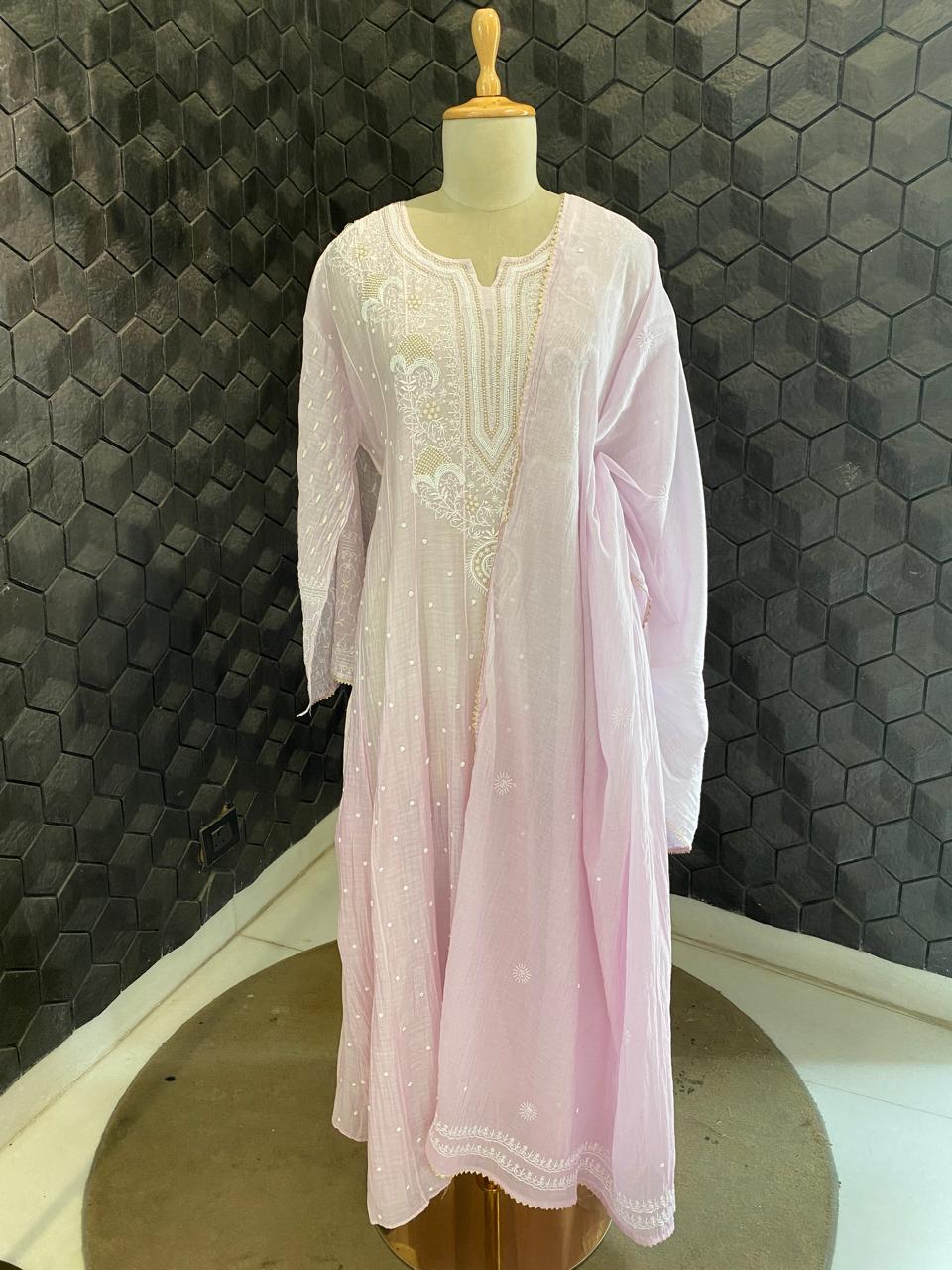 Lilac mul chanderi chikankari anarkali kurta set