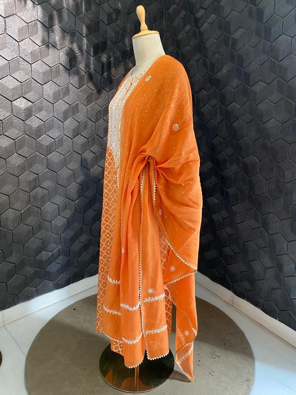 Orange Mul banarsi zari Box Chikankari kurta set