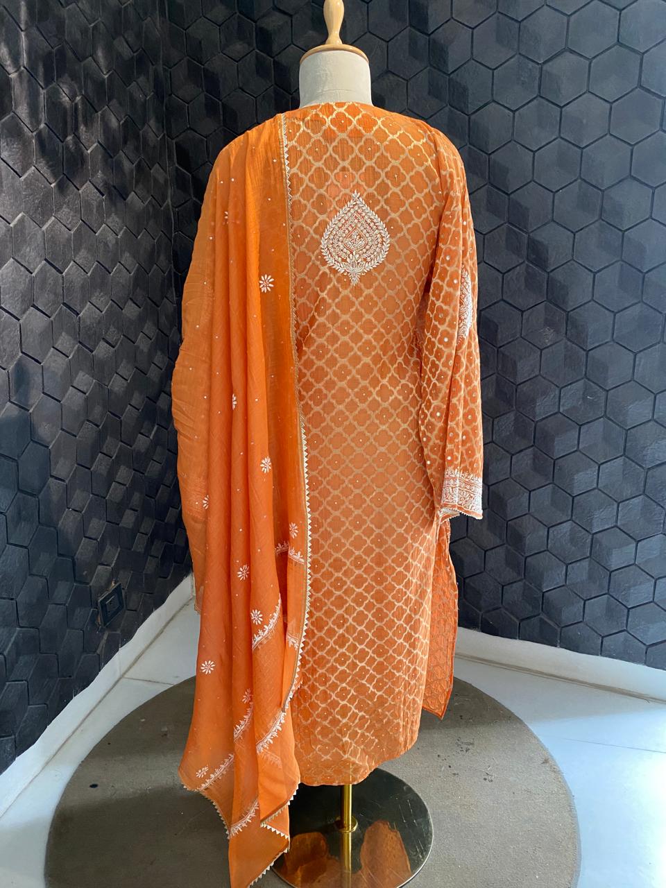 Orange Mul banarsi zari Box Chikankari kurta set