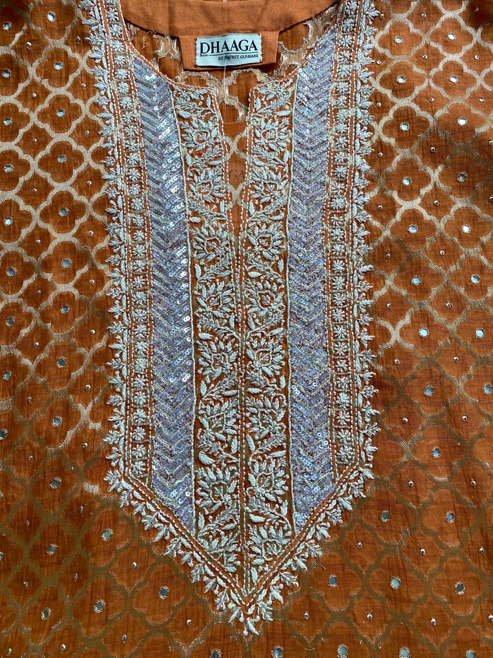 Orange Mul banarsi zari Box Chikankari kurta set