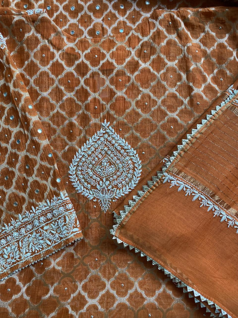 Orange Mul banarsi zari Box Chikankari kurta set