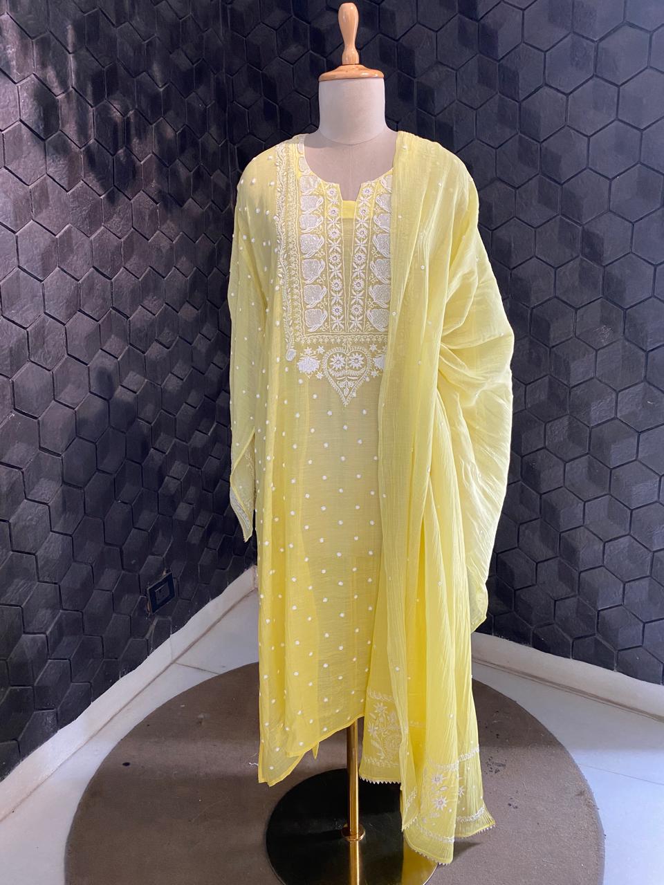 yellow Mul Chanderi Chikankari Kurta Set