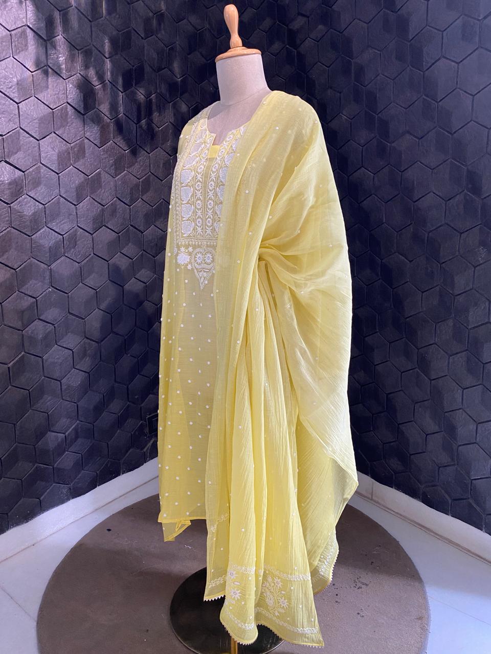 yellow Mul Chanderi Chikankari Kurta Set