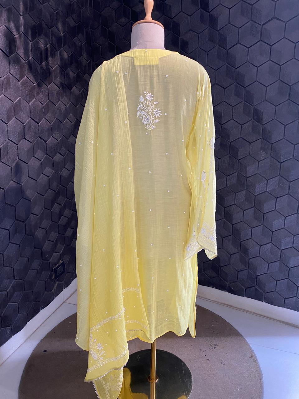 yellow Mul Chanderi Chikankari Kurta Set